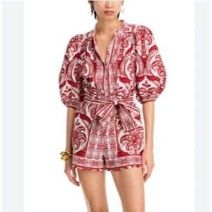 Farm Rio White Red Tropical Cameo Cotton Romper Women's Small